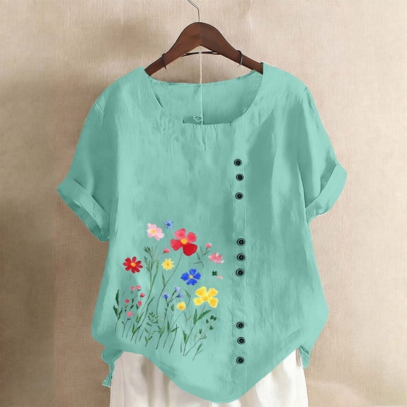 HOMBOM Shirts for Women Crewneck Tunic Tops Boho Summer Cotton Linen Short Sleeve Womens Blouse Floral