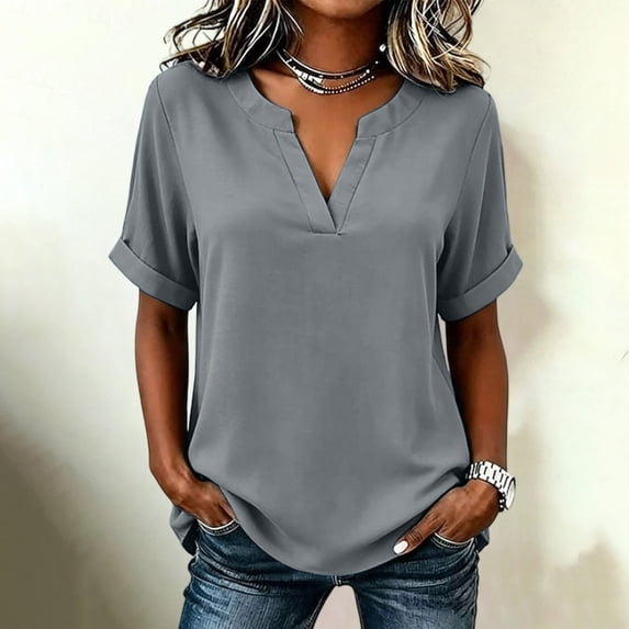 HOMBOM Shirts for Women Gray Rolled Sleeve Blouse Solid Basic Casual Short Sleeve V-Neck Early Fall Ladies Tops Bohemian