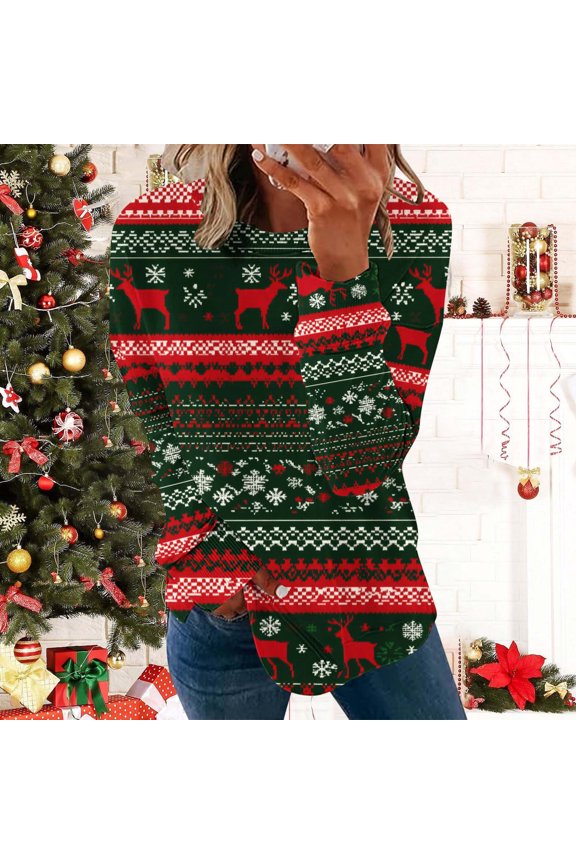 Shirts for Women Green Pullover Fall Christmas Christmas Tree Long Sleeve Xmas Ladies T Shirts Crewneck