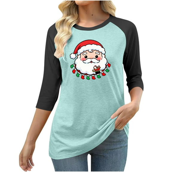 HOMBOM Shirts for Women Holiday Festive Raglan Crewneck 3/4 Sleeve Christmas Christmas Tree Xmas Light Blue Females T Shirts