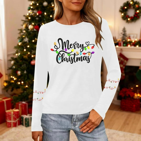 HOMBOM Shirts for Women Long Sleeve Vintage Holiday White Reindeer Crewneck Xmas Females T Shirts