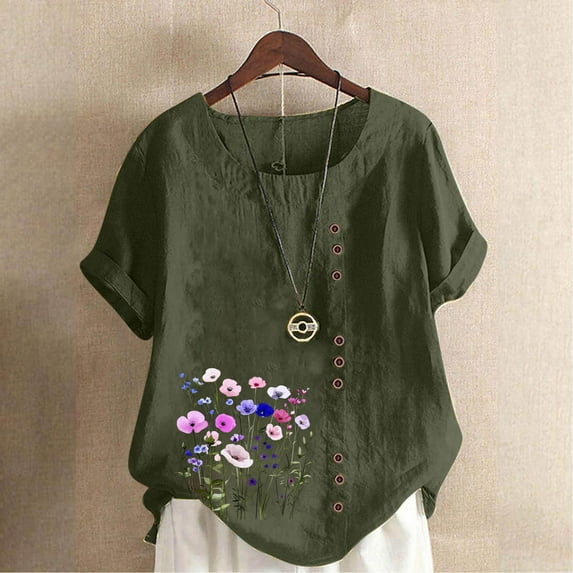 HOMBOM Shirts for Women Plus Size Button Spring Cotton Linen Army Green Loose Crewneck Short Sleeve Womens Blouse Floral