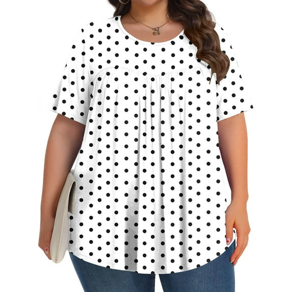 HOMBOM Shirts for Women Plus Size Spring White 2025 Polka Dot Pleated Short Sleeve Crew Neck Shirts 3XL