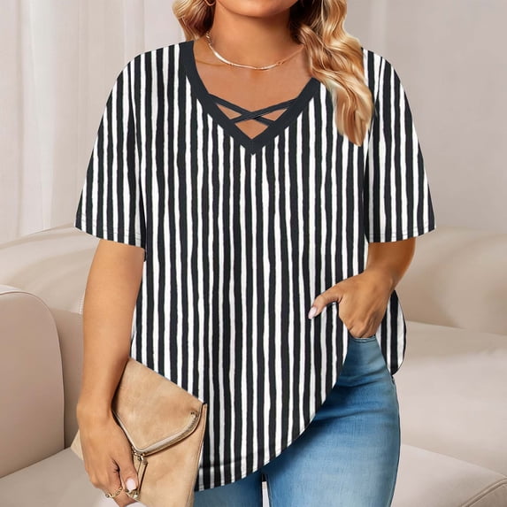 HOMBOM Shirts for Women Plus Size Trendy Tee Shirts Striped Oversized V Neck Short Sleeve Casual Ladies T Shirts