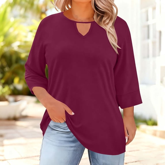 HOMBOM Shirts for Women Red Plus Size Loose 3/4 Sleeve Oversized Spring Notch Neck Young Womens Tops 3XL
