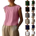 thumbnail image 1 of HOMBOM Shirts for Women Summer Pleated Cotton Linen Pink Loose Solid Short Sleeve Crewneck Womens T Shirts, 1 of 9