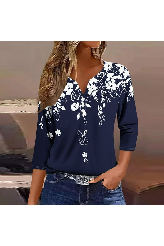 Shirts for Women V Neck 3/4 Sleeve Navy Pullover Button Tunic Drop Shoulder Floral Top