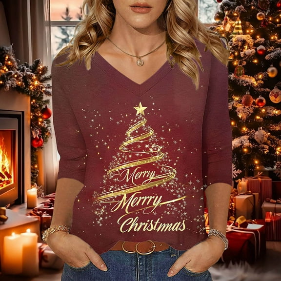 HOMBOM Shirts for Women V Neck Vintage Festive Christmas Red Santa Print 3/4 Sleeve Ladies T Shirts Xmas