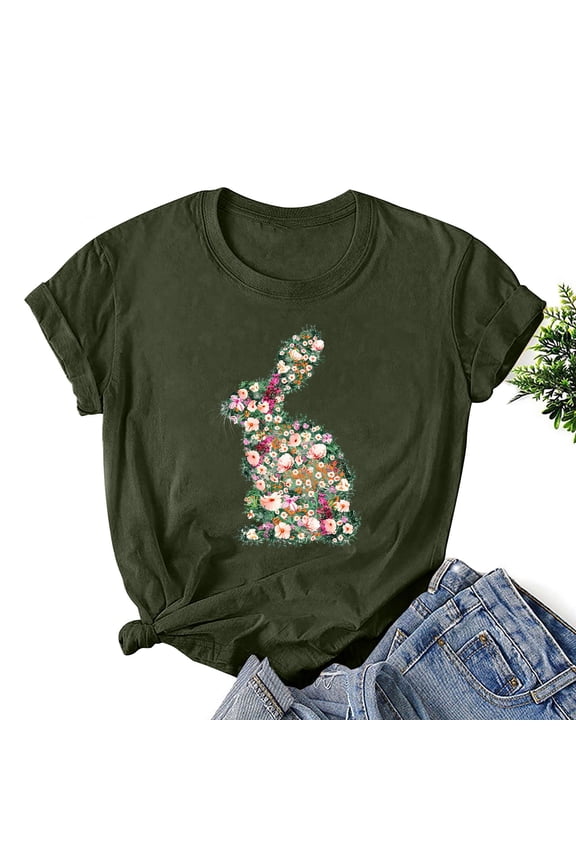 Short Sleeve Easter Blouse Women Army Green T-shirts Round Neck Happy Easter Spring Tops For Women M