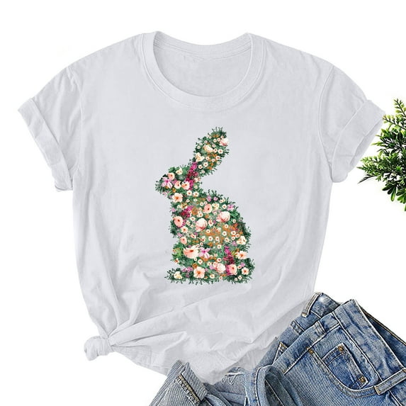 HOMBOM Short Sleeve Easter Shirts For Women With Eggs White T-shirts Round Neck Happy Easter Spring Tops For Women M