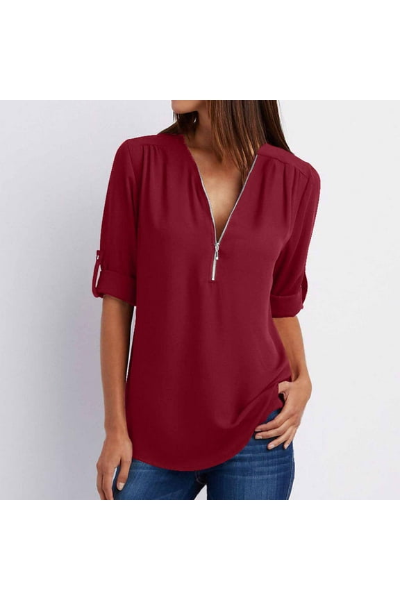 Short Sleeve Ladies Summer Tops Wine Casual V-Neck Solid Half Zip Tunic Blouse XL