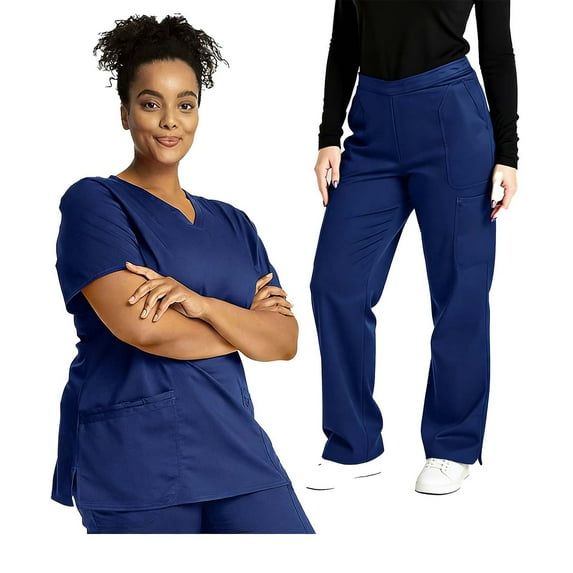 HOMBOM Short Sleeve Scrubs for Women Blue V Neck Scrub Top and Pant Medical Stretch Ladies Working Uniforms Set