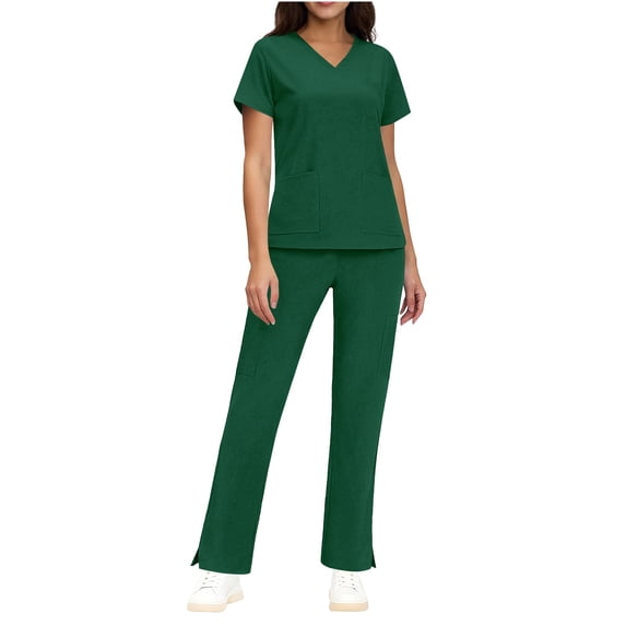 HOMBOM Short Sleeve Scrubs for Women Medical V Neck Scrub Top and Pant Set Green Modern Womens Nursing Uniforms