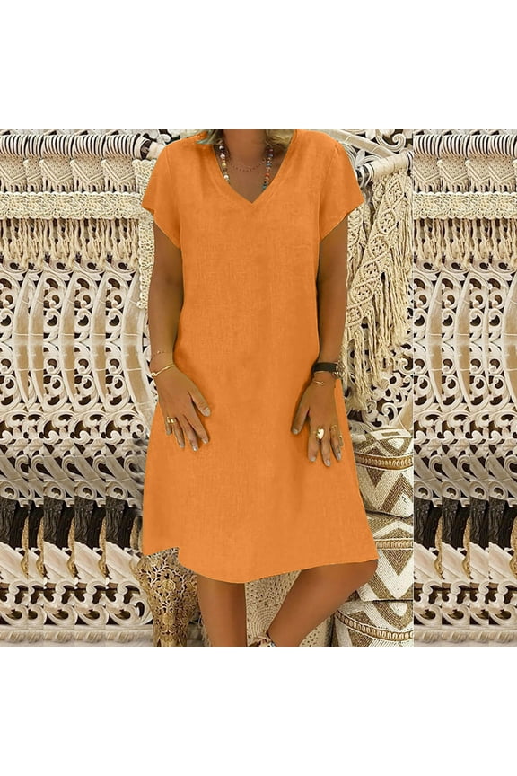 Short Sleeve Shift Dress for Women Orange Casual Dresses for Women Solid V-Neck Plus Size Dresses 2XL
