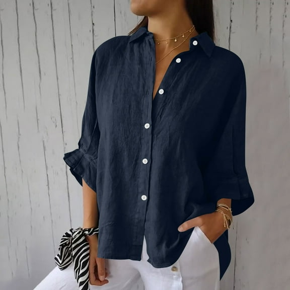 HOMBOM Short Sleeve Summer Tops for Women Clearance Under $10 Casual Navy V-Neck Cotton Linen Solid Button-Down Shirts XXL