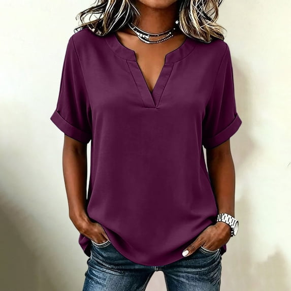 HOMBOM Short Sleeve Tops for Women Summer Blouse Basic Casual Solid Purple Weekend Outing Ladies Shirts V-Neck