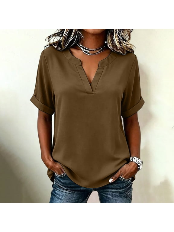 Short Sleeve Tops for Women Summer Blouse Office Work Basic Casual V-Neck Brown Ladies Shirts Rolled Sleeve
