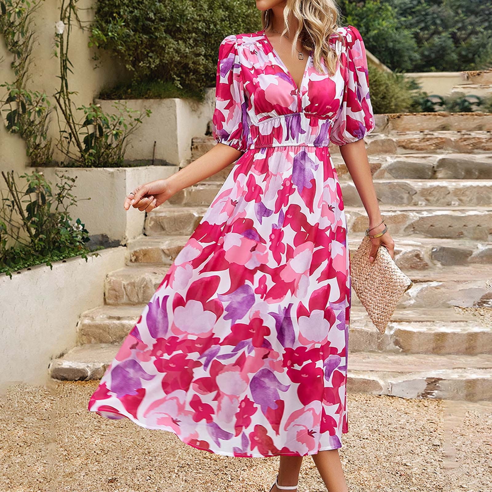 HOMBOM Short Sleeve Womens Beachwear Sundresses VNeck Fit & Flare