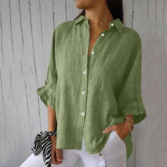 HOMBOM Short Sleeve Womens Blouses Clearance Casual Army Green Solid V-Neck Cotton Linen Button-Down Shirts XXXXL