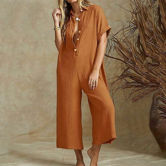 HOMBOM Short Sleeve Womens Jumpsuits, Rompers & Overalls Khaki V-neck Solid Color Button up Wide-leg Jumpsuit XL
