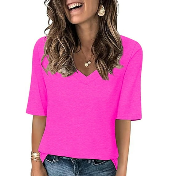 HOMBOM Short Sleeve Womens Summer Blouses Casual Hot Pink Solid V-Neck T-Shirts XL
