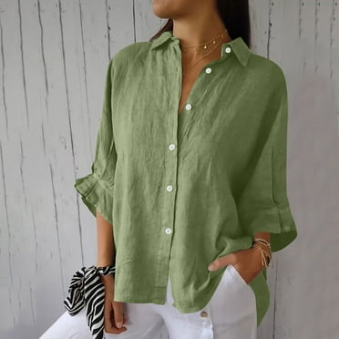 HOMBOM Short Sleeve Womens Summer Blouses and Tops Casual Army Green Cotton Linen Solid V-Neck Button-Down Shirts L