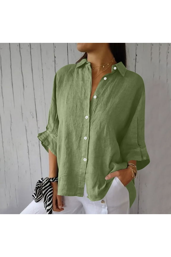 Short Sleeve Womens Summer Blouses and Tops Casual Army Green Cotton Linen Solid V-Neck Button-Down Shirts L