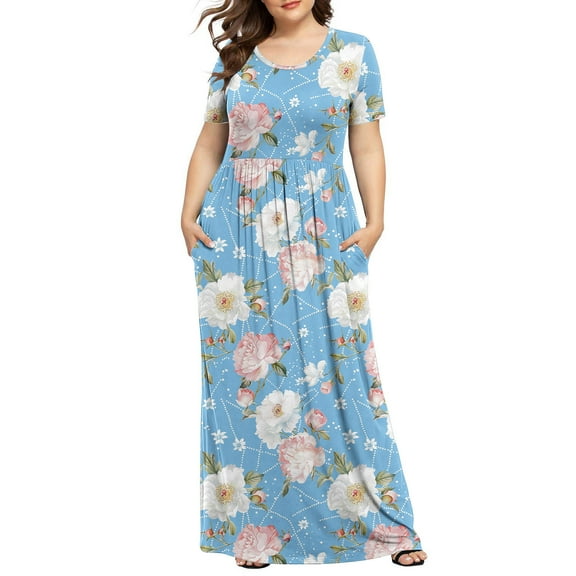 HOMBOM Sky Blue Dresses for Women Fashion Short Sleeve Long Crew Neck A-Line 2025 Pocket Floral Plus Size Pleated Dress 4XL