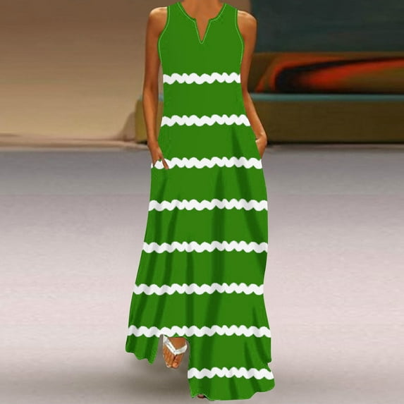 HOMBOM Sleeveless A-Line Dress for Women Army Green Maxi Dresses for Women V-Neck Striped Wedding Dresses for Women L