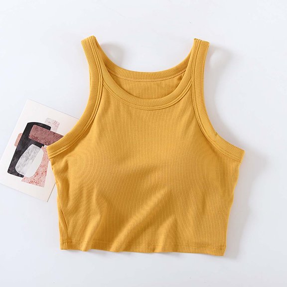 HOMBOM Sleeveless Camisoles Yellow Crew Neck Solid Color Crop Tops with Built in Bras Casual Tops for Women L