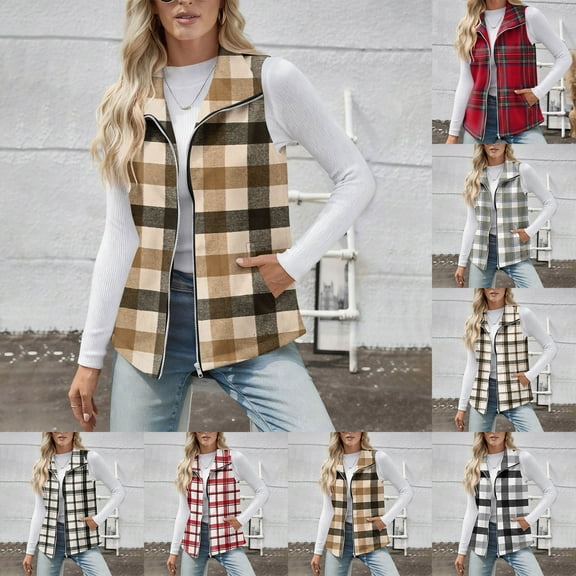 HOMBOM Sleeveless Fleece Vest for Women Checkered Jacket with Pockets Warm Lightweight Zip Up Outdoor Womens Coat Khaki