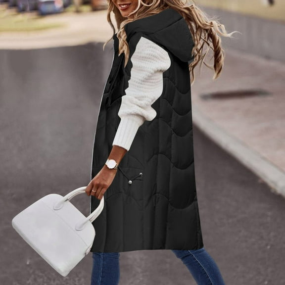 HOMBOM Sleeveless Puffer Vest for Women with Pockets Hooded Coats Long Full Zip Waistcoat Warm Heavyweight Womens