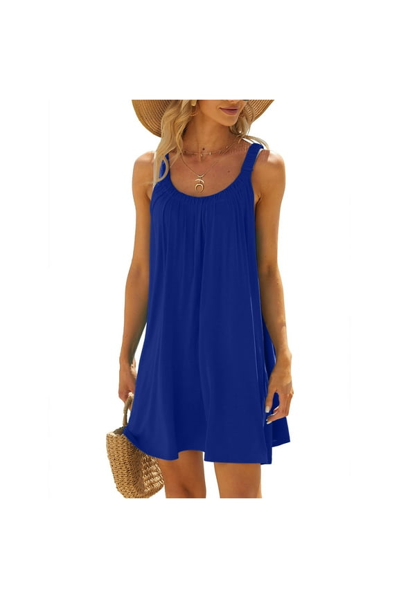 Sleeveless Sun Dress for Women Blue Vacation Dresses for Women Round Neckline Solid 1950 Dresses Women S