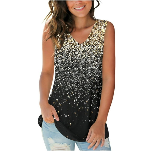 HOMBOM Sleeveless Tank Tops Black V-neck Tunic Blouse Tops Fashion Print Cute Tops for Women XL