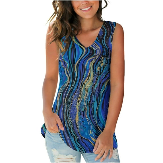HOMBOM Sleeveless Tank Tops V-neck Navy Fashion Print Tunic Blouse Tops Y2k Tops XL
