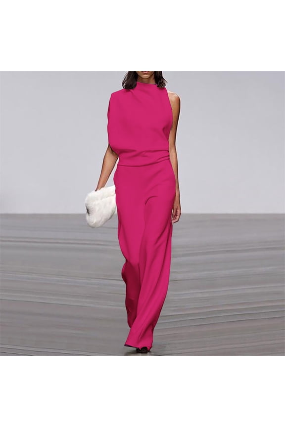 Sleeveless Womens Summer Jumpsuits and Rompers Hot Pink Round Neck Solid Color Wide-leg Jumpsuit S