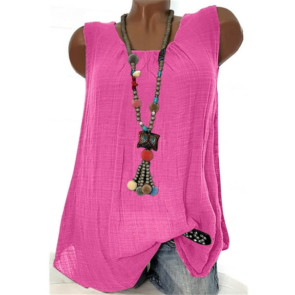 HOMBOM Sleeveless Womens Summer Tops Hot Pink Tank Tops Solid Color Dots Round Neck Tunic Blouse M