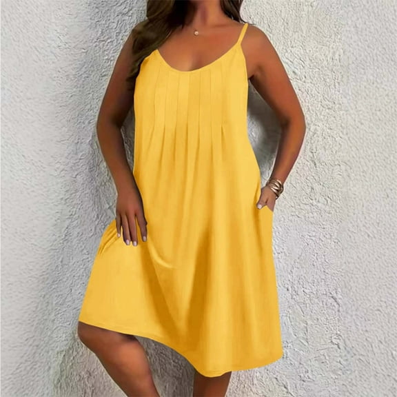 HOMBOM Slip Dresses for Women Tropical Midi Gold Plus Size Casual Solid Crew Neck Dresses with Pockets