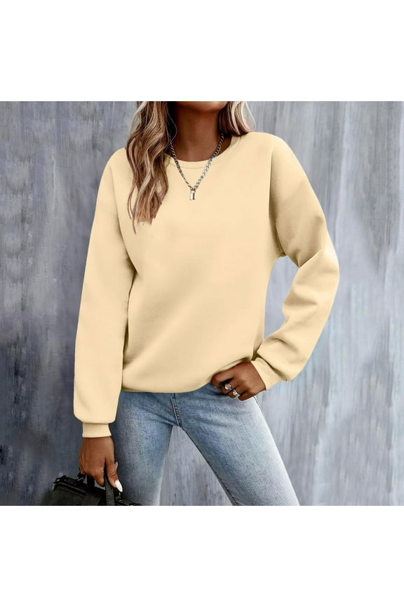 Soft Sweatshirts for Women Crew Neck Beige Plain Tops Pullover Winter Long Sleeve Loose Sweatshirt S
