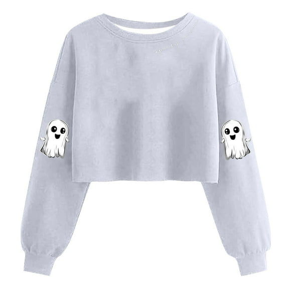 HOMBOM Spooky Season Crop Sweatshirts for Womens Gray Pullover Relaxed Fit Fall Drop Shoulder Crewneck Ladies Tops Long Sleeve