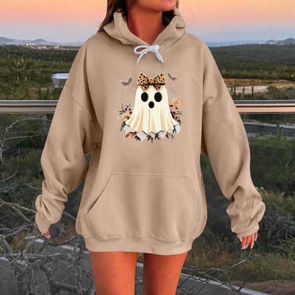 HOMBOM Spooky Season Sweatshirt for Womens Pullover Khaki Drop Shoulder Hooded with Pocket Oversized Ladies Tops Long Sleeve