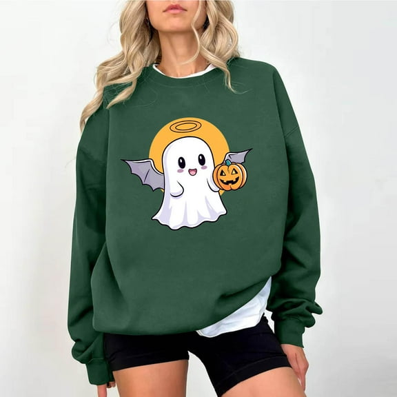 HOMBOM Spooky Season Sweatshirt for Womens Pullover Long Sleeve Green Drop Shoulder Cute Ladies Tops Crewneck