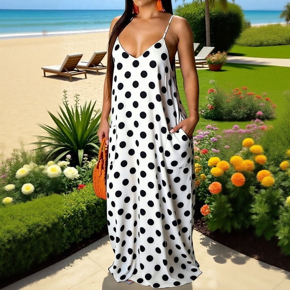 HOMBOM Spring Dresses for Women Maxi Boho with Pockets Black Sleeveless Polka Dot Trendy V Neck Womens Slip Dress