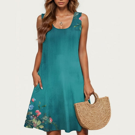 HOMBOM Spring Dresses for Women Mid-Length Floral Sundress Sleeveless Crew Neck Vacation Beach Dresses L