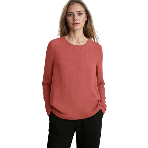HOMBOM Spring Shirts for Women Cotton Linen Loose Fit Long Sleeve Crewneck Orange Boho Ladies T Shirts Solid