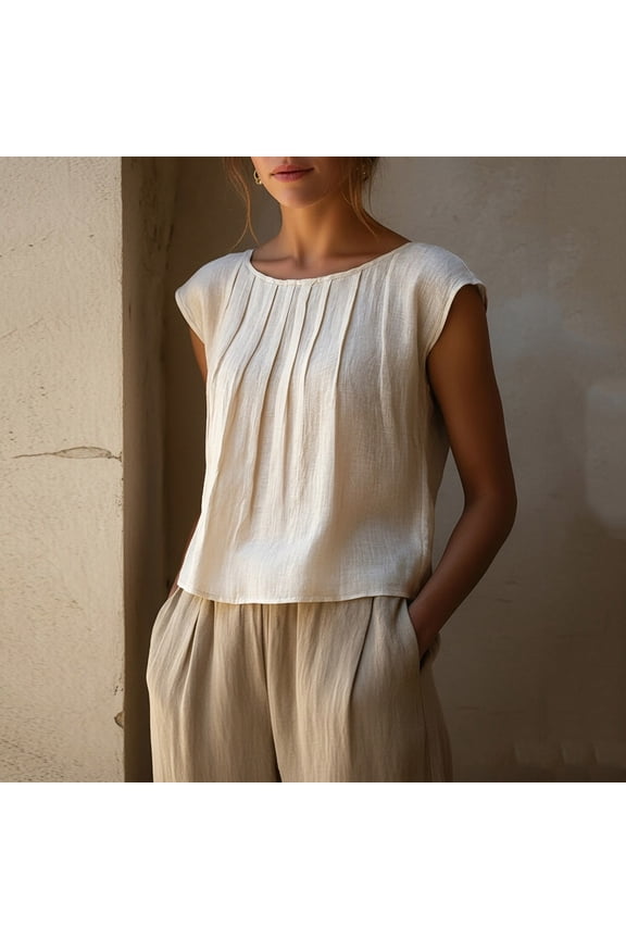 Spring Shirts for Women Cotton Linen Pleated Crewneck Short Sleeve Solid White Ladies T Shirts Casual