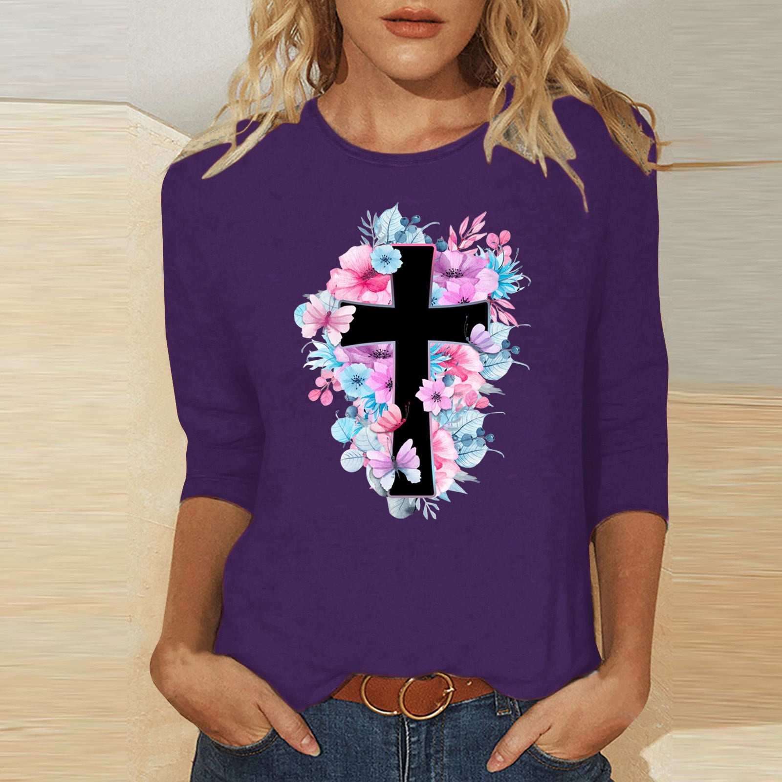 HOMBOM Spring Tops For Women 3/4 Sleeve Purple Shirts Easter Cross ...