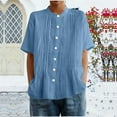 thumbnail image 1 of HOMBOM Spring Tops for Women Button Cotton Linen Light Blue Crewneck Short Sleeve Loose Fit Womens Blouse, 1 of 6