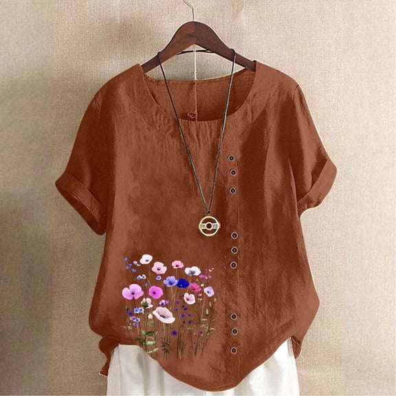 HOMBOM Spring Tops for Women Cotton Linen Button Coffee Crewneck Short Sleeve Boho Plus Size Womens Blouse Floral