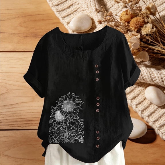 HOMBOM Spring Tops for Women Cotton Linen Button Short Sleeve Floral Plus Size Black Crewneck Ladies Blouse Casual